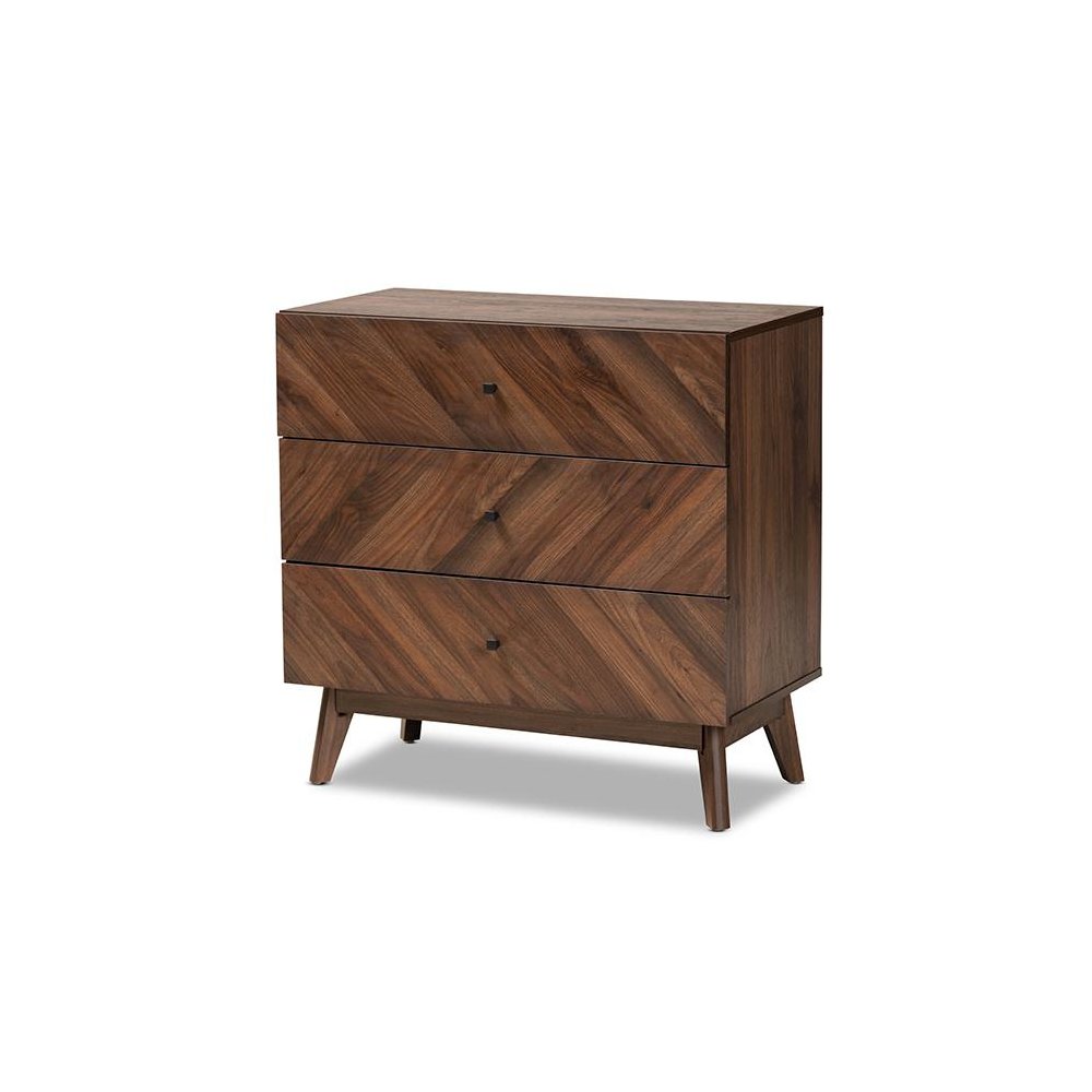 Hartman Mid-Century Modern Walnut Brown Finished Wood 3-Drawer Storage Chest. Picture 1