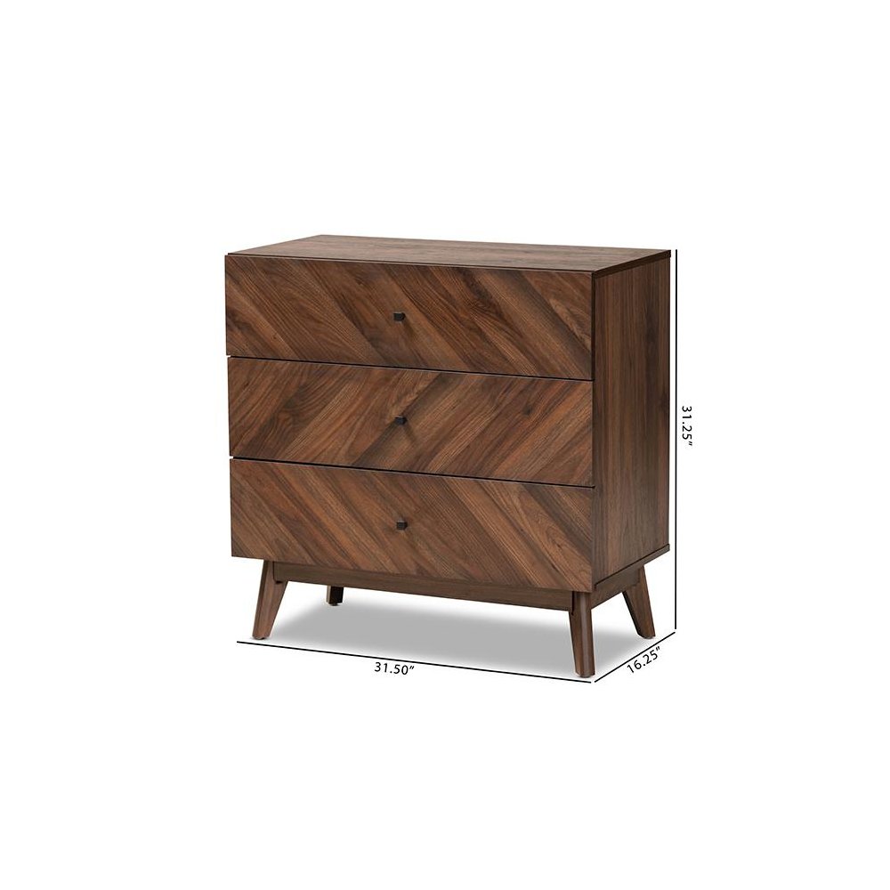 Hartman Mid-Century Modern Walnut Brown Finished Wood 3-Drawer Storage Chest. Picture 10
