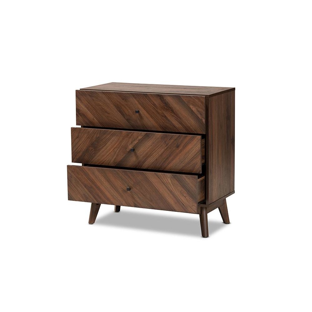 Hartman Mid-Century Modern Walnut Brown Finished Wood 3-Drawer Storage Chest. Picture 2