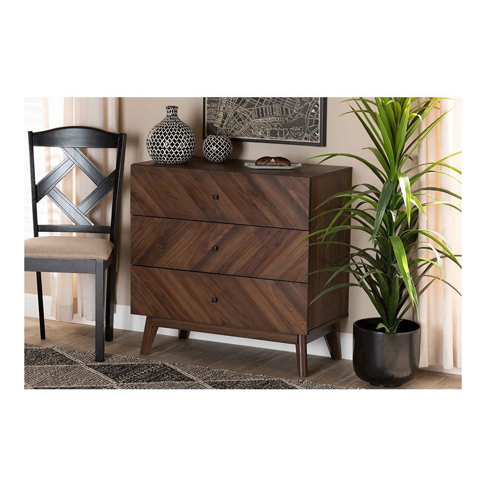 Hartman Mid-Century Modern Walnut Brown Finished Wood 3-Drawer Storage Chest. Picture 8