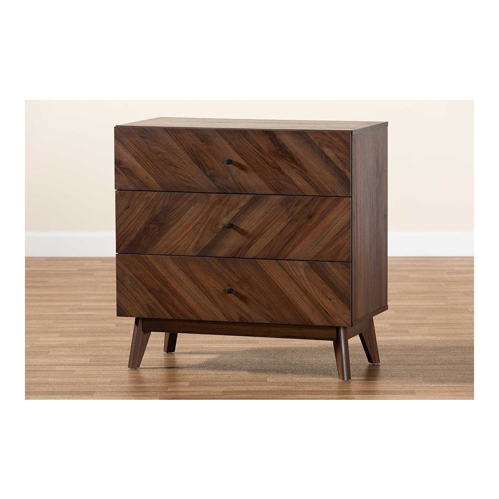 Hartman Mid-Century Modern Walnut Brown Finished Wood 3-Drawer Storage Chest. Picture 9