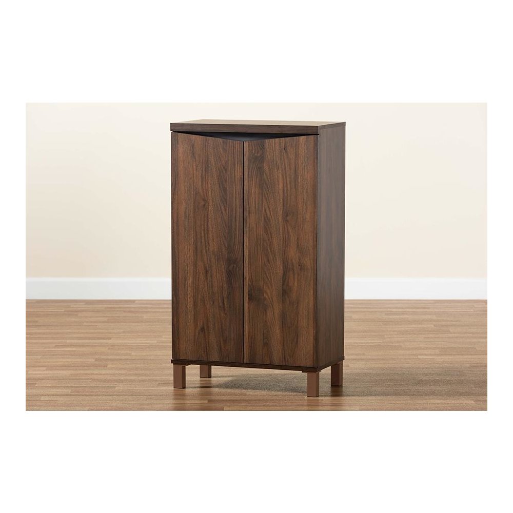 Two-Tone Walnut Brown and Dark Grey Finished Wood 2-Door Shoe Storage Cabinet. Picture 10