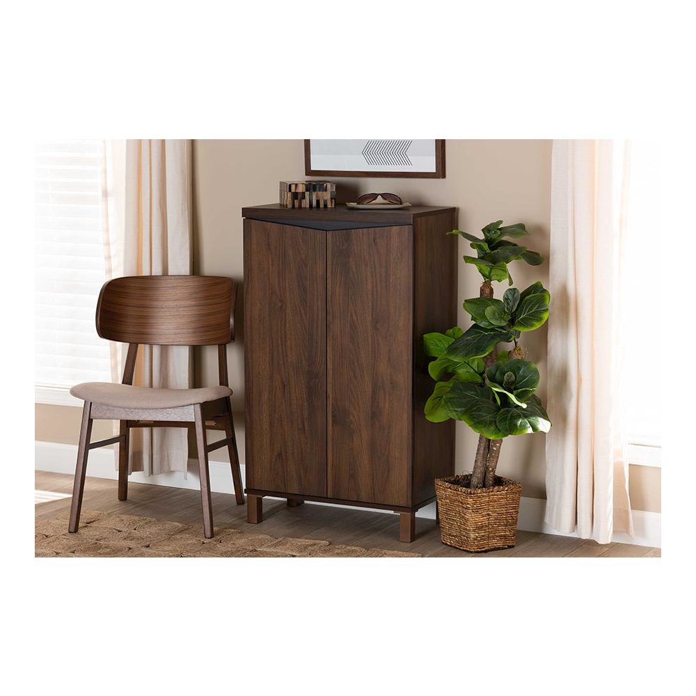 Two-Tone Walnut Brown and Dark Grey Finished Wood 2-Door Shoe Storage Cabinet. Picture 8