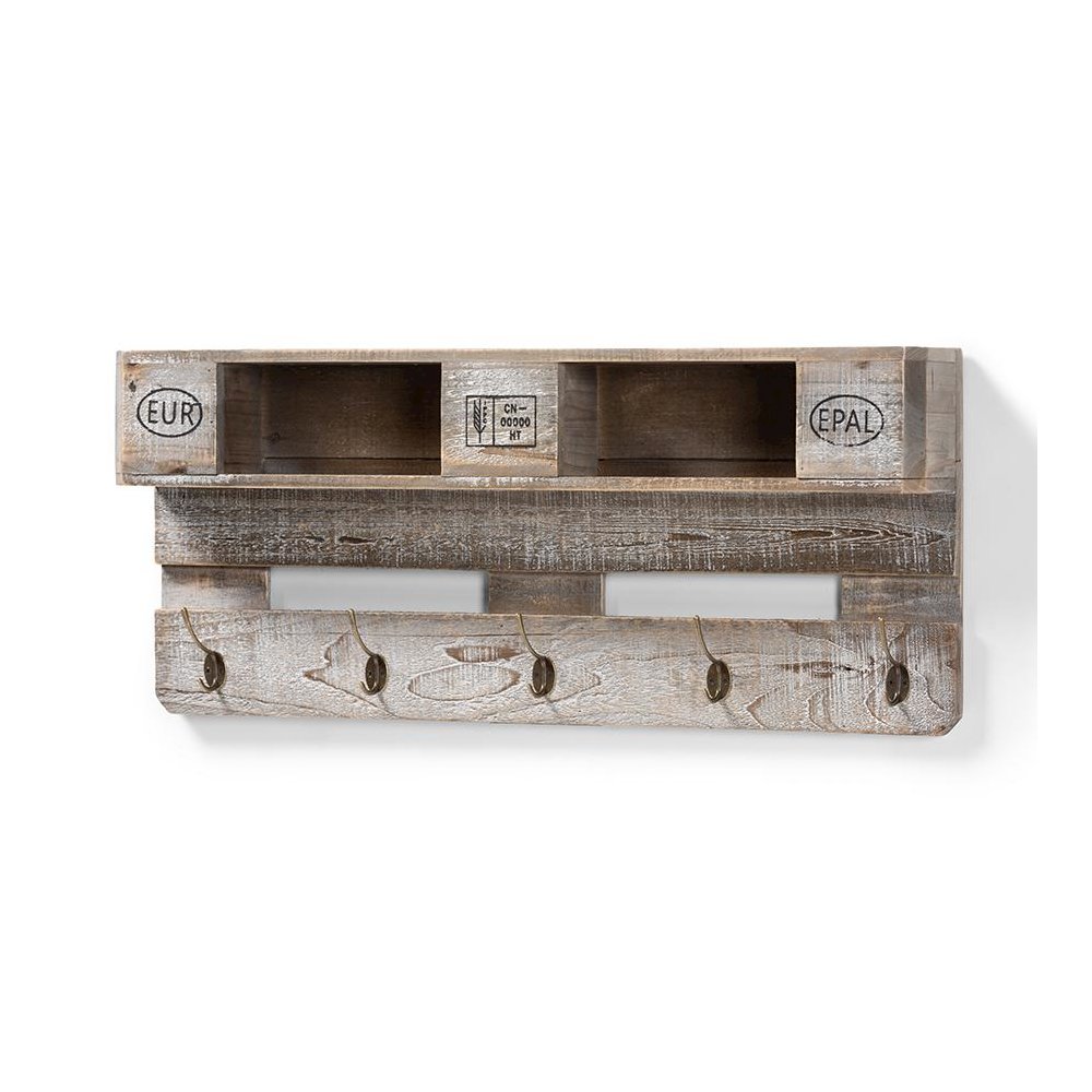 Rustic Whitewashed Grey Oak Finished Wood Wall Mounted Coat Rack with Shelves. Picture 1