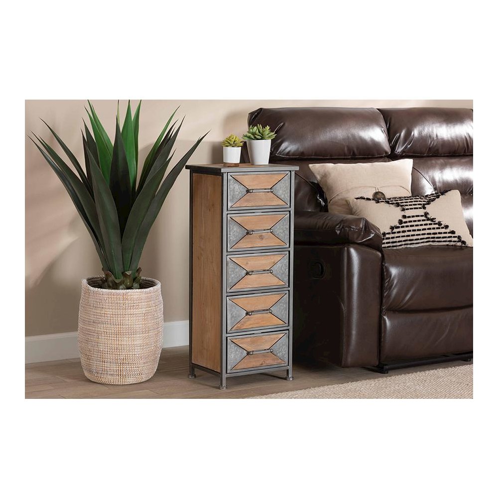 Whitewashed Oak Brown Finished Wood 5-Drawer Accent Storage Cabinet. Picture 6