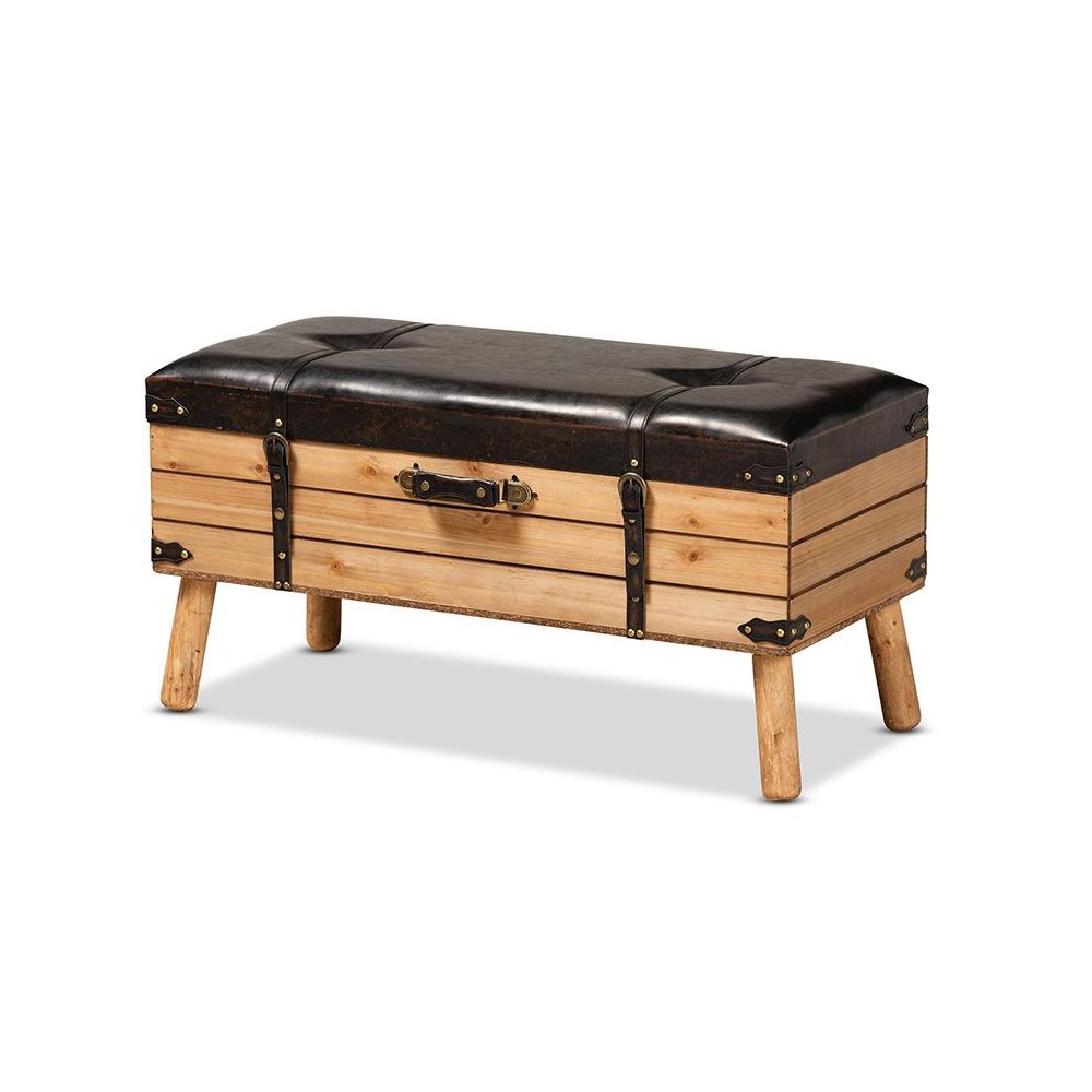 Dark Brown PU Leather Upholstered and Oak Finished Wood Large Storage Ottoman. Picture 1