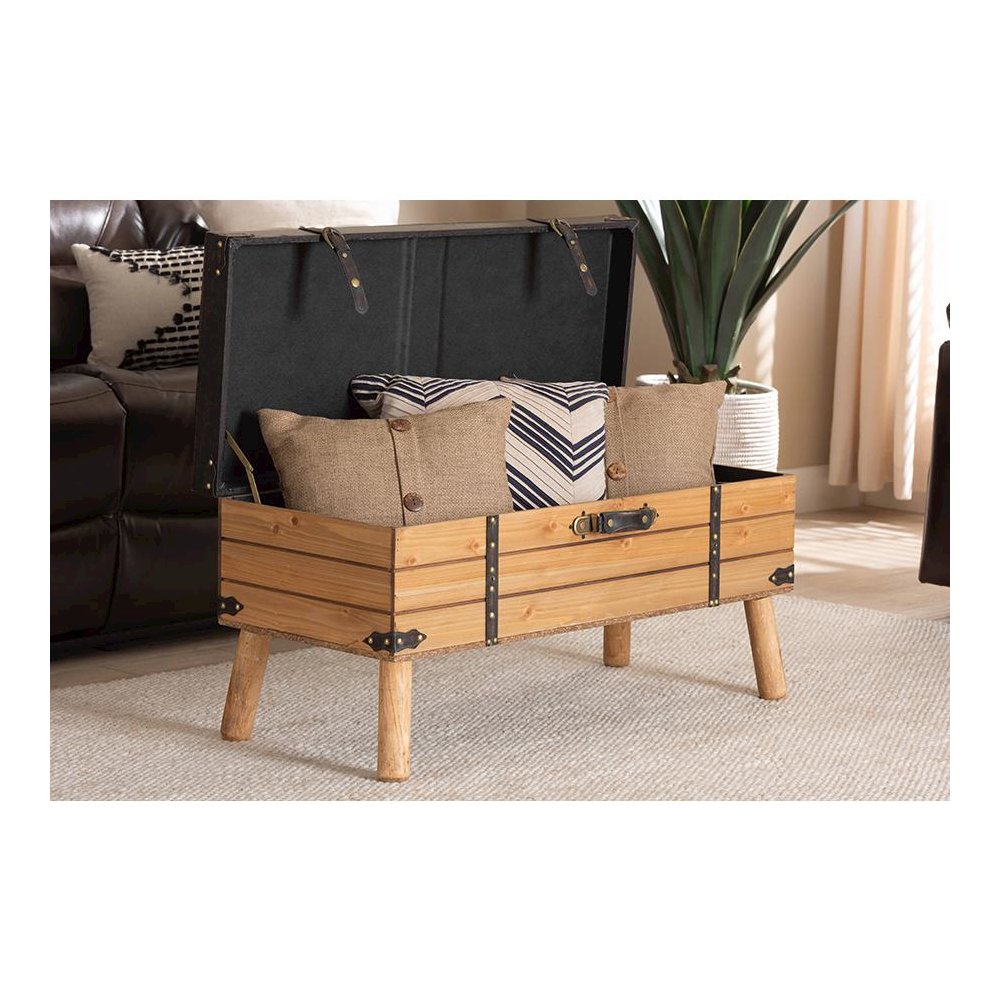 Dark Brown PU Leather Upholstered and Oak Finished Wood Large Storage Ottoman. Picture 10