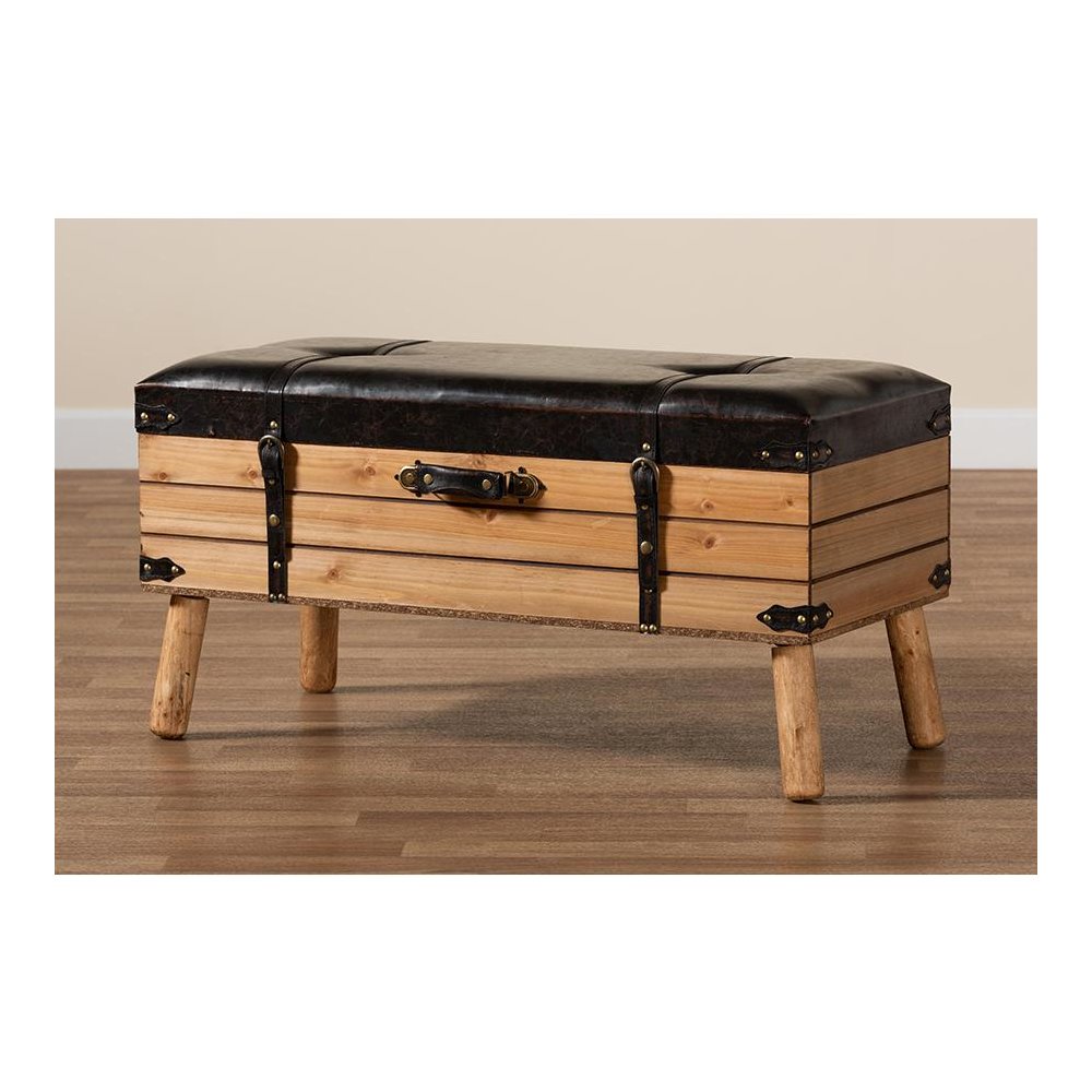 Dark Brown PU Leather Upholstered and Oak Finished Wood Large Storage Ottoman. Picture 11