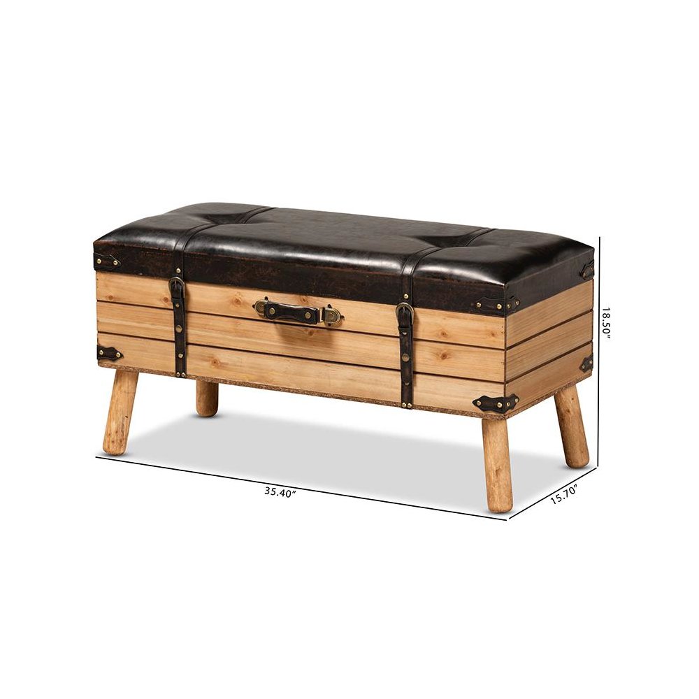 Dark Brown PU Leather Upholstered and Oak Finished Wood Large Storage Ottoman. Picture 12