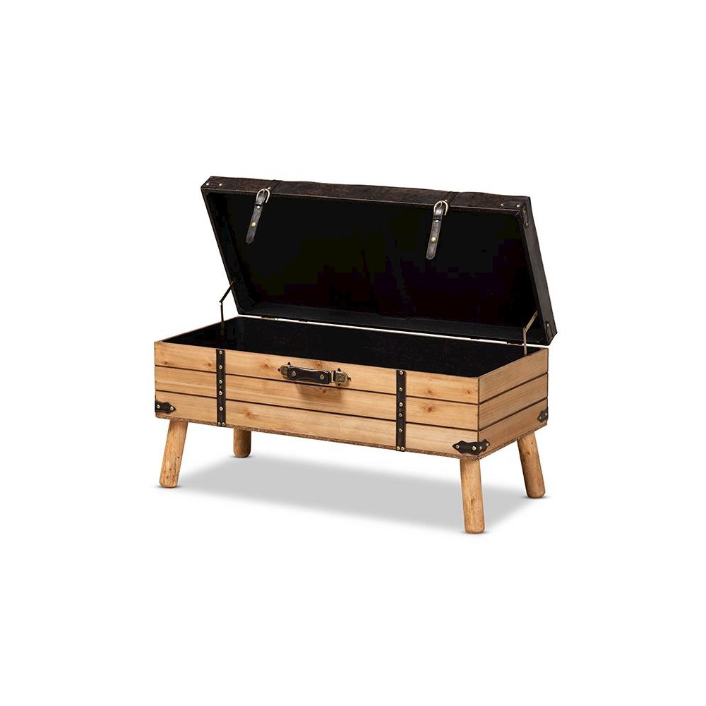 Dark Brown PU Leather Upholstered and Oak Finished Wood Large Storage Ottoman. Picture 2