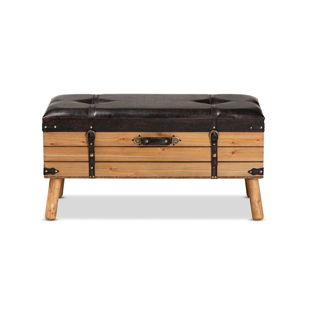 Dark Brown PU Leather Upholstered and Oak Finished Wood Large Storage Ottoman. Picture 3