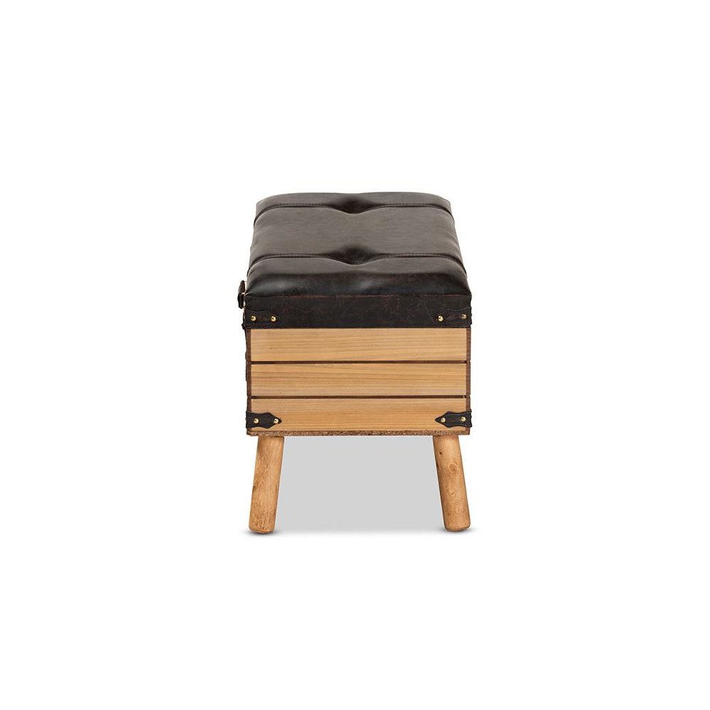 Dark Brown PU Leather Upholstered and Oak Finished Wood Large Storage Ottoman. Picture 4