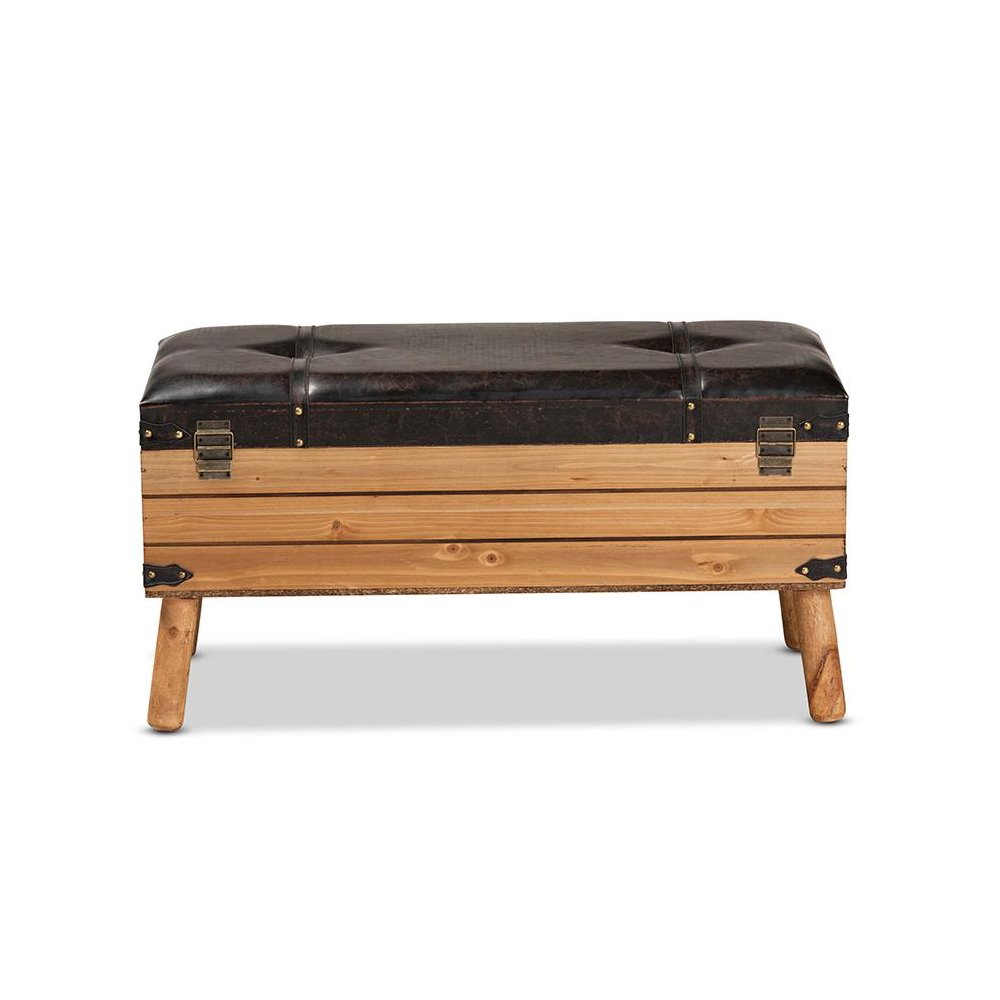 Dark Brown PU Leather Upholstered and Oak Finished Wood Large Storage Ottoman. Picture 5