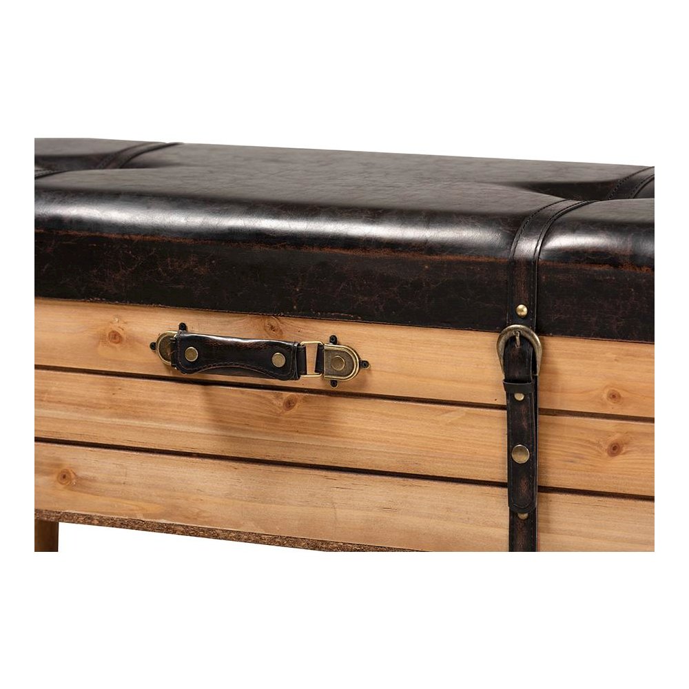 Dark Brown PU Leather Upholstered and Oak Finished Wood Large Storage Ottoman. Picture 7