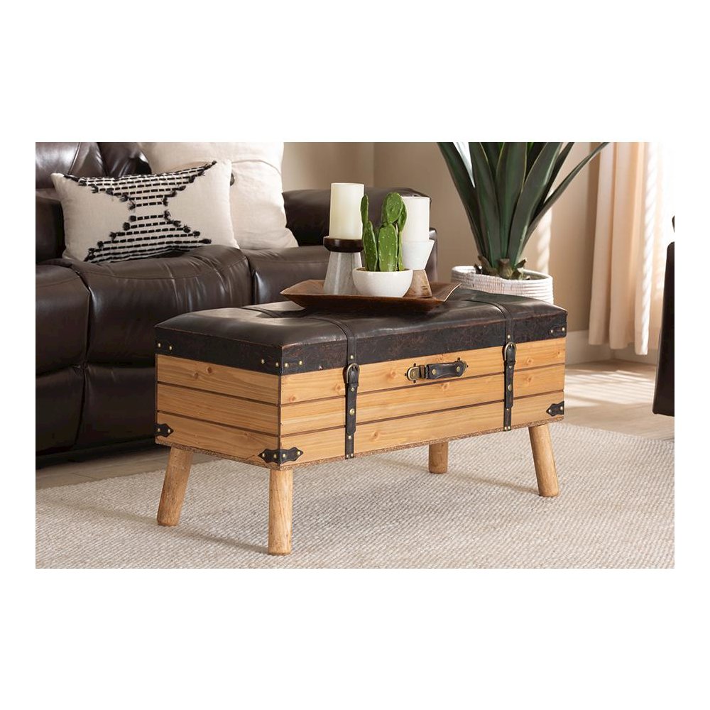 Dark Brown PU Leather Upholstered and Oak Finished Wood Large Storage Ottoman. Picture 9