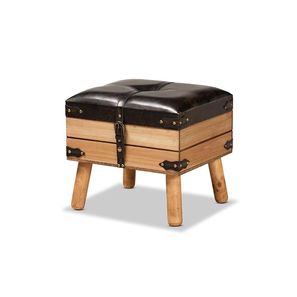 Dark Brown PU Leather Upholstered and Oak Finished Wood Small Storage Ottoman. Picture 1