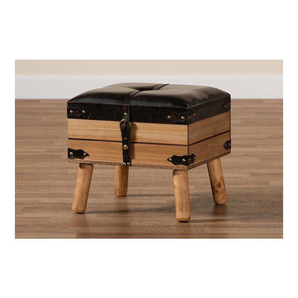 Dark Brown PU Leather Upholstered and Oak Finished Wood Small Storage Ottoman. Picture 10