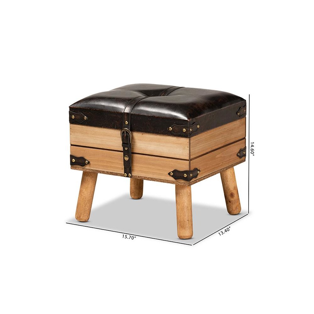 Dark Brown PU Leather Upholstered and Oak Finished Wood Small Storage Ottoman. Picture 11