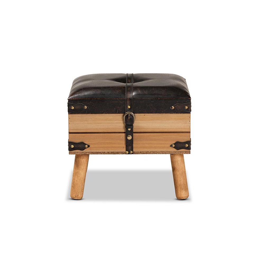 Dark Brown PU Leather Upholstered and Oak Finished Wood Small Storage Ottoman. Picture 3
