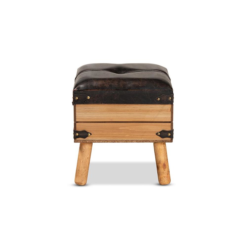 Dark Brown PU Leather Upholstered and Oak Finished Wood Small Storage Ottoman. Picture 4