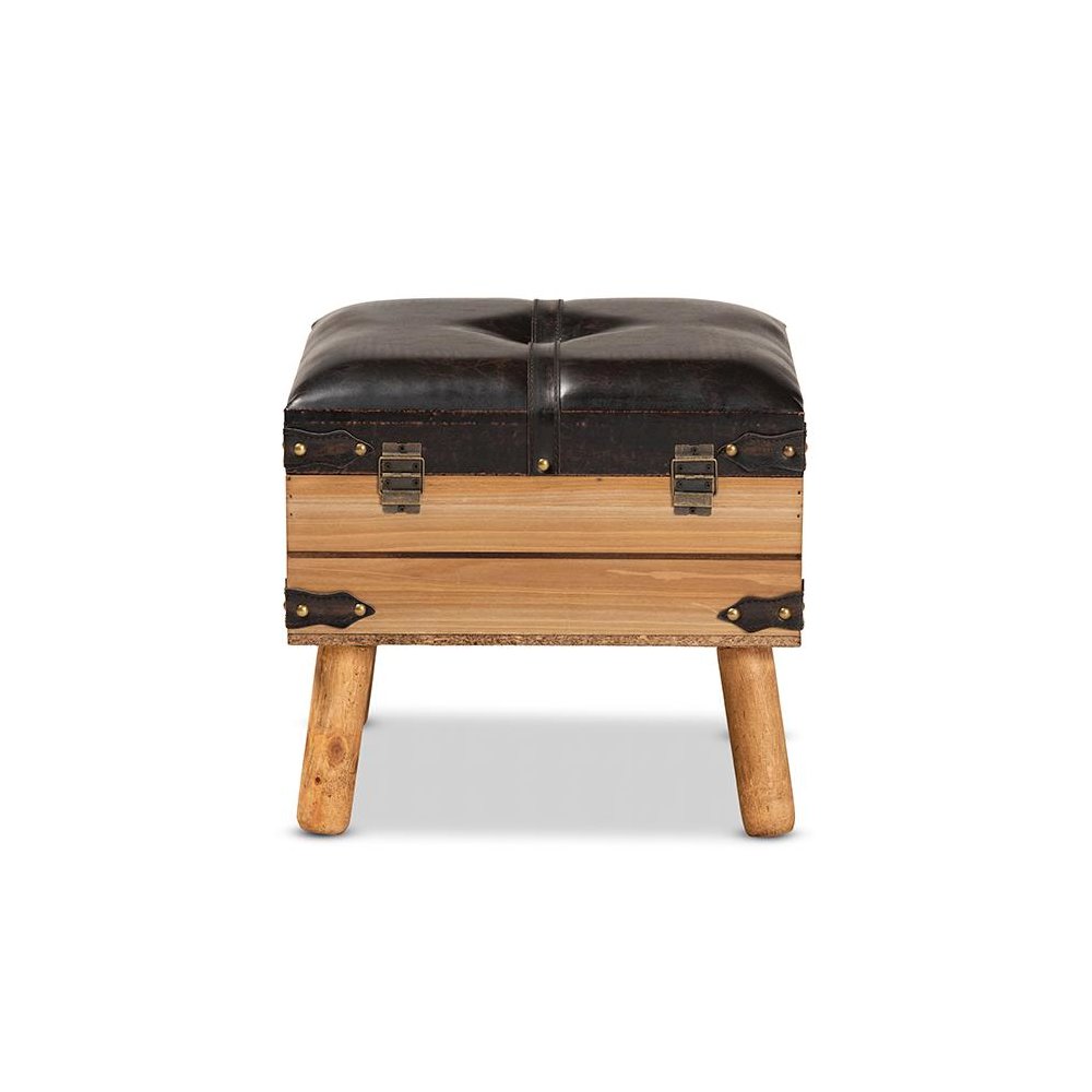 Dark Brown PU Leather Upholstered and Oak Finished Wood Small Storage Ottoman. Picture 5