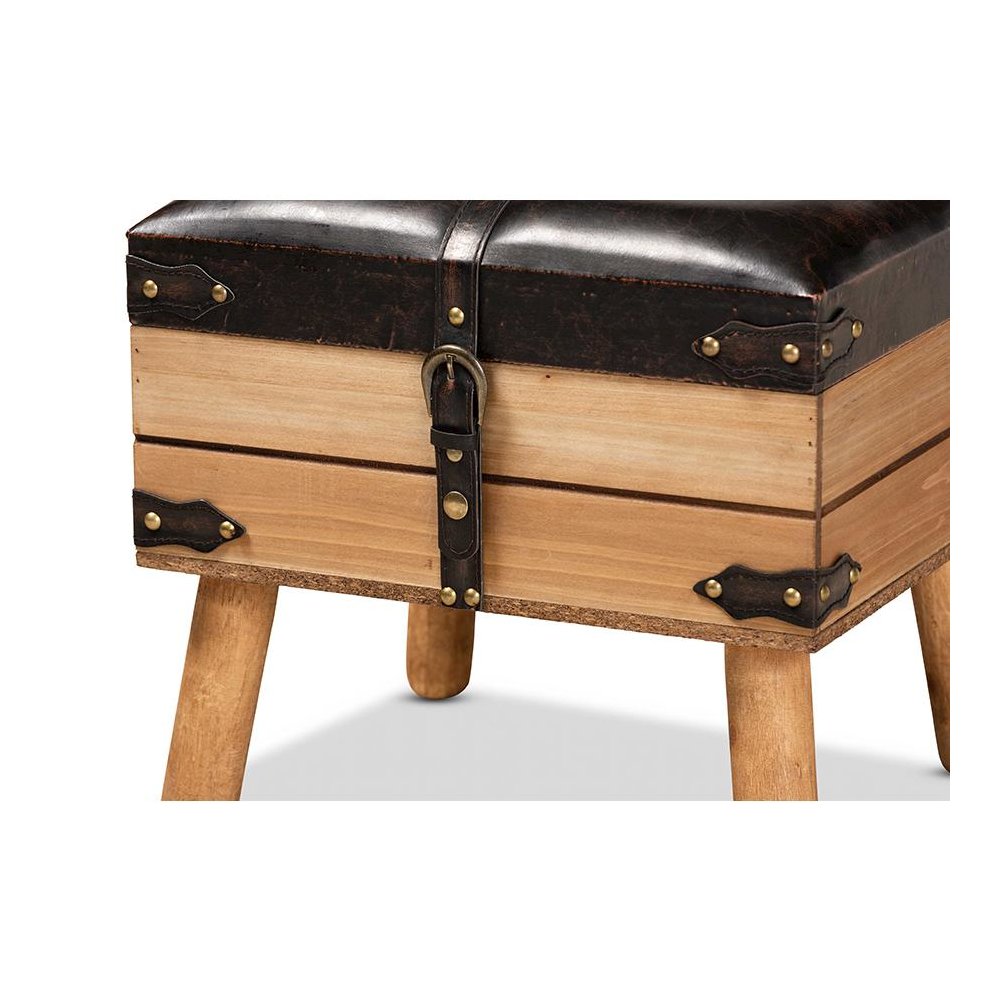 Dark Brown PU Leather Upholstered and Oak Finished Wood Small Storage Ottoman. Picture 6