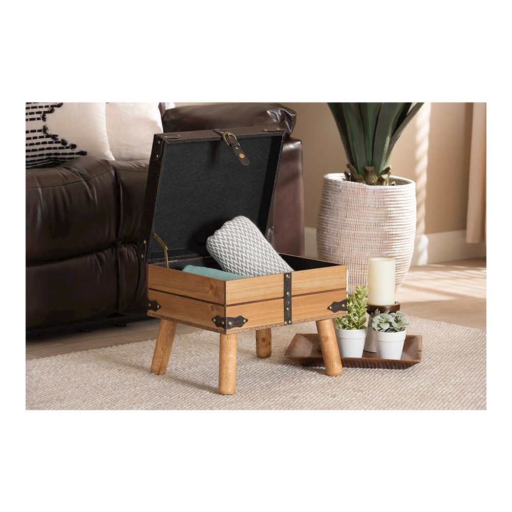 Dark Brown PU Leather Upholstered and Oak Finished Wood Small Storage Ottoman. Picture 9