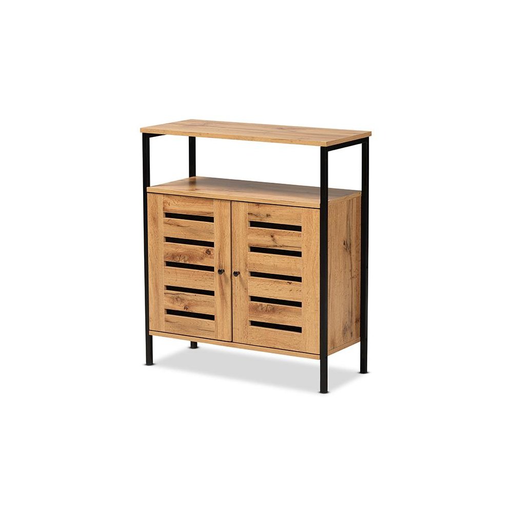 Oak Brown Finished Wood and Black Metal 2-Door Shoe Cabinet. Picture 1