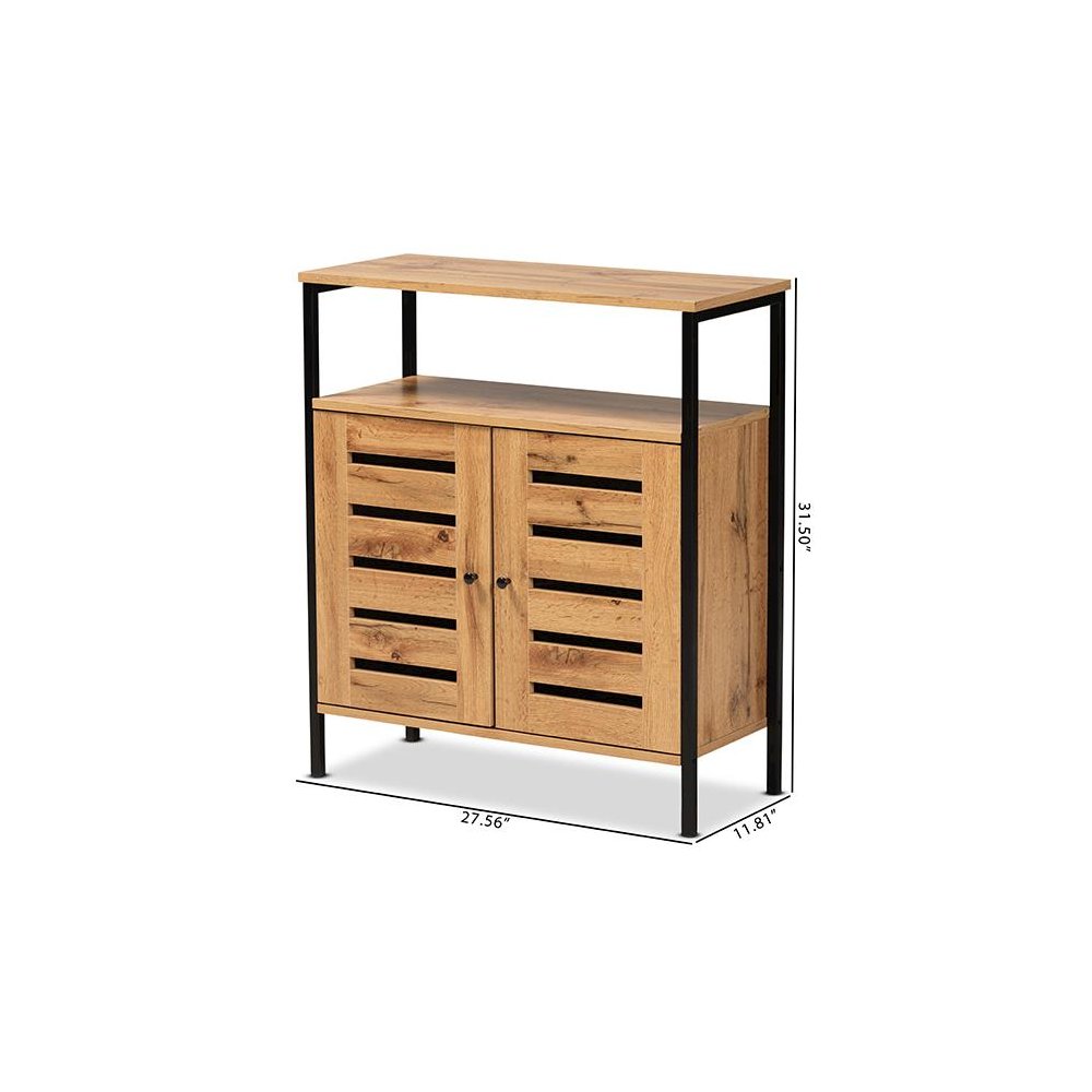 Oak Brown Finished Wood and Black Metal 2-Door Shoe Cabinet. Picture 10