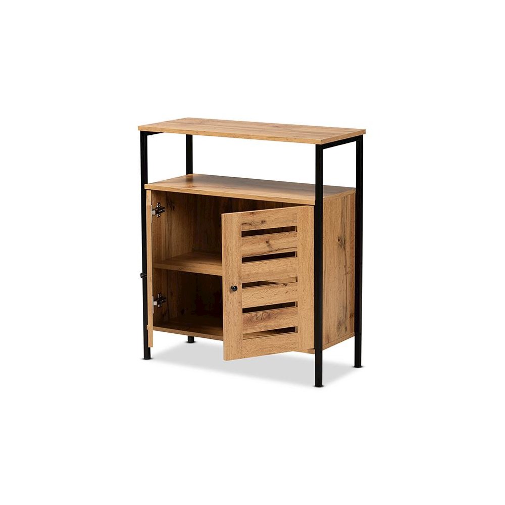Oak Brown Finished Wood and Black Metal 2-Door Shoe Cabinet. Picture 2