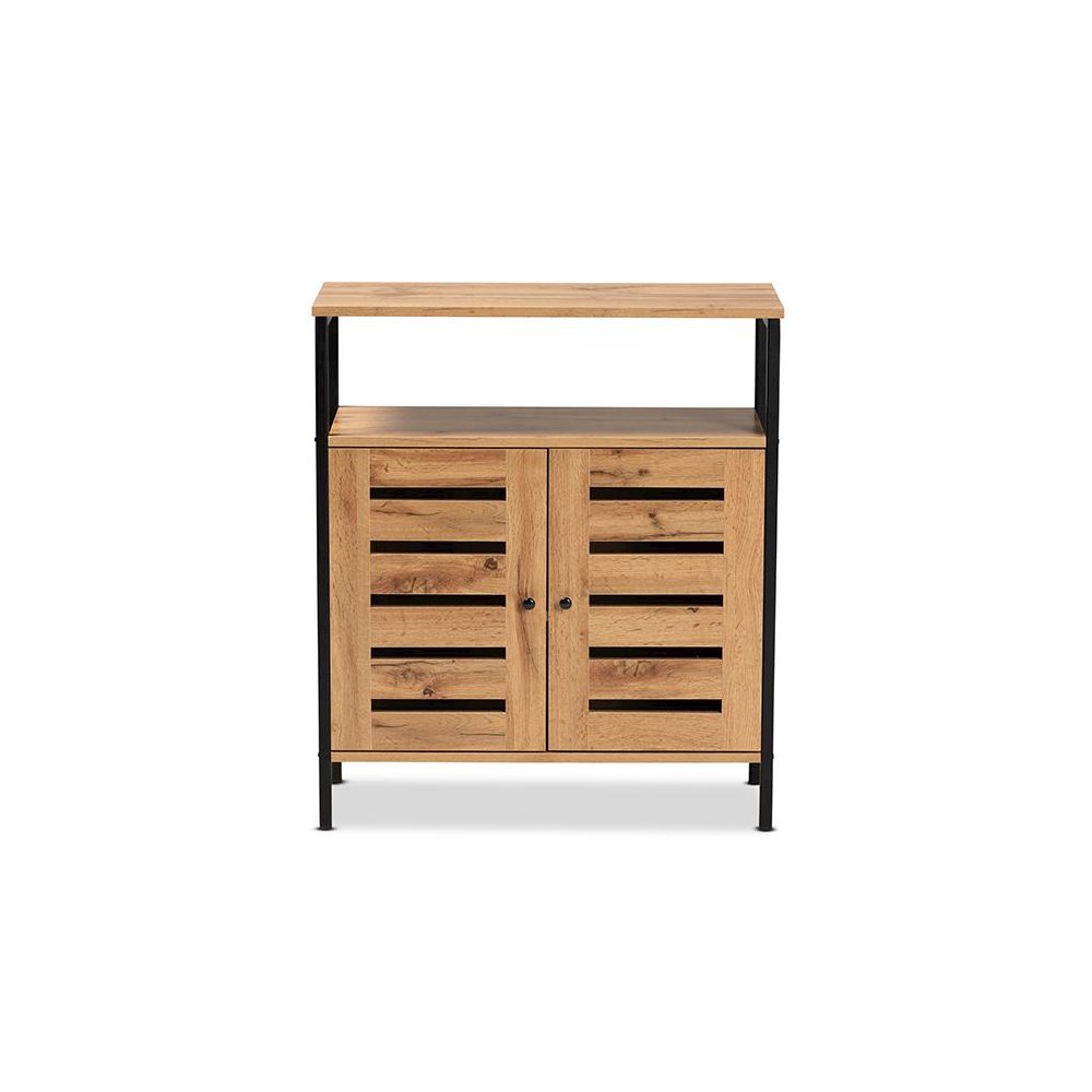 Oak Brown Finished Wood and Black Metal 2-Door Shoe Cabinet. Picture 3