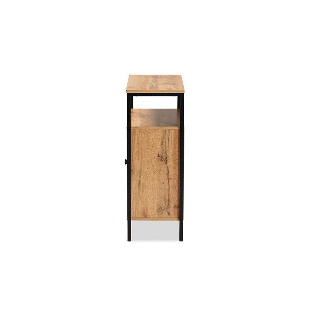 Oak Brown Finished Wood and Black Metal 2-Door Shoe Cabinet. Picture 4