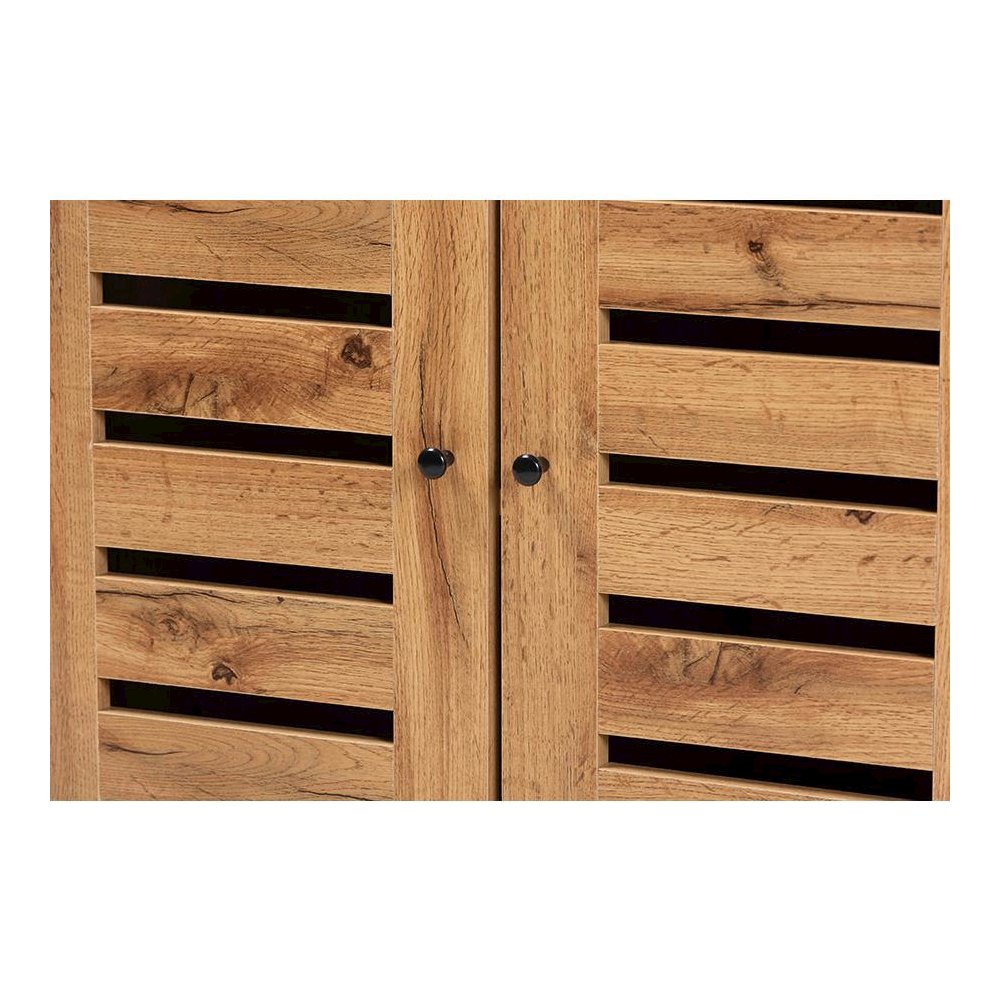 Oak Brown Finished Wood and Black Metal 2-Door Shoe Cabinet. Picture 5
