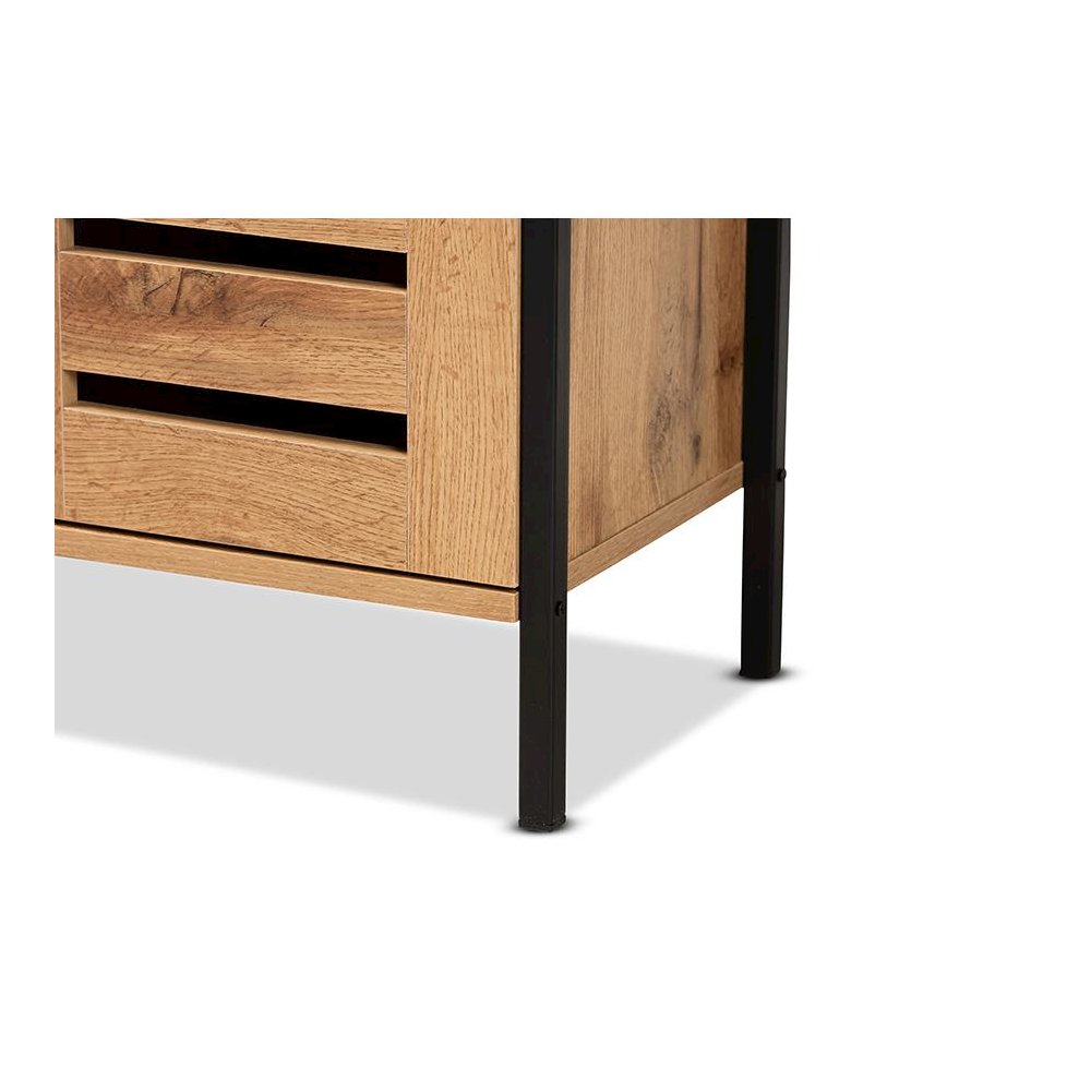 Oak Brown Finished Wood and Black Metal 2-Door Shoe Cabinet. Picture 6