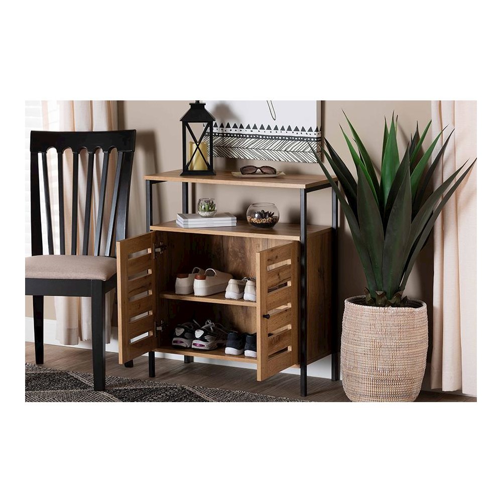 Oak Brown Finished Wood and Black Metal 2-Door Shoe Cabinet. Picture 8