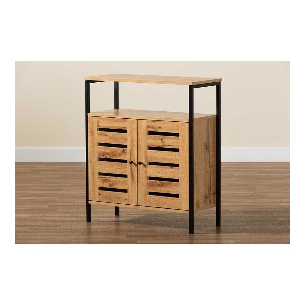 Oak Brown Finished Wood and Black Metal 2-Door Shoe Cabinet. Picture 9