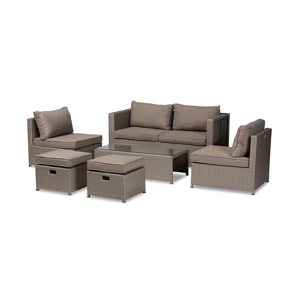 Grey Fabric Upholstered and Grey Finished Synthetic Rattan 6-Piece Patio Set. Picture 1