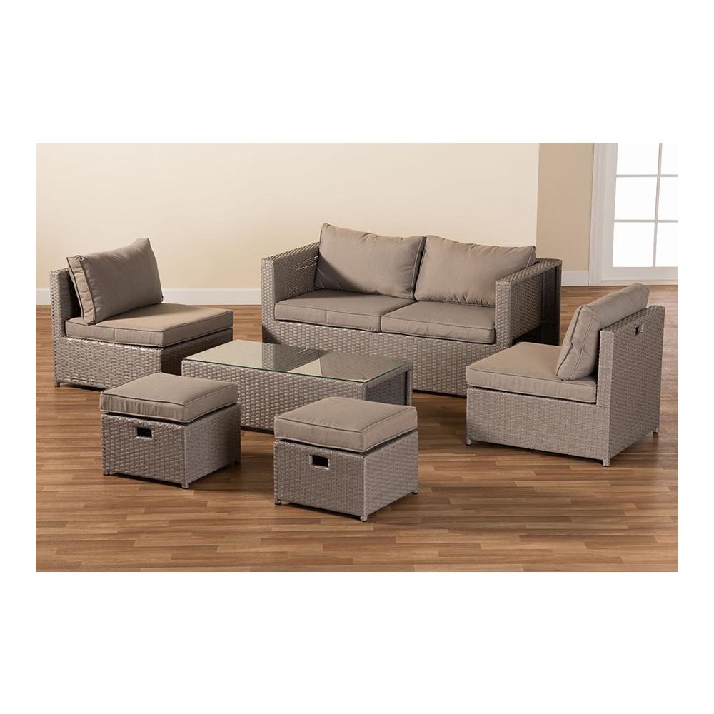 Grey Fabric Upholstered and Grey Finished Synthetic Rattan 6-Piece Patio Set. Picture 7