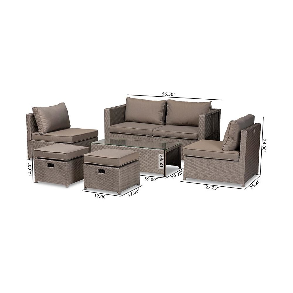 Grey Fabric Upholstered and Grey Finished Synthetic Rattan 6-Piece Patio Set. Picture 8