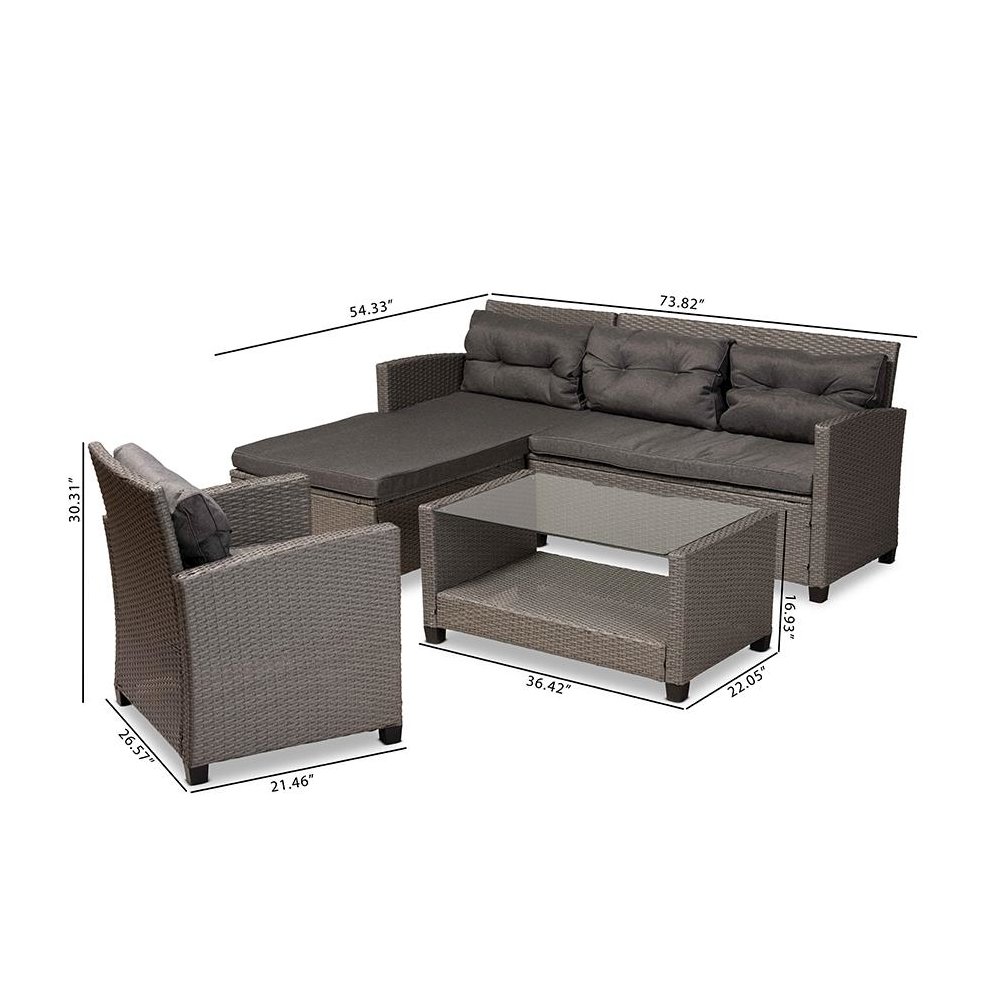 Grey Fabric Upholstered and Grey Synthetic Rattan 4-Piece Patio Set. Picture 10