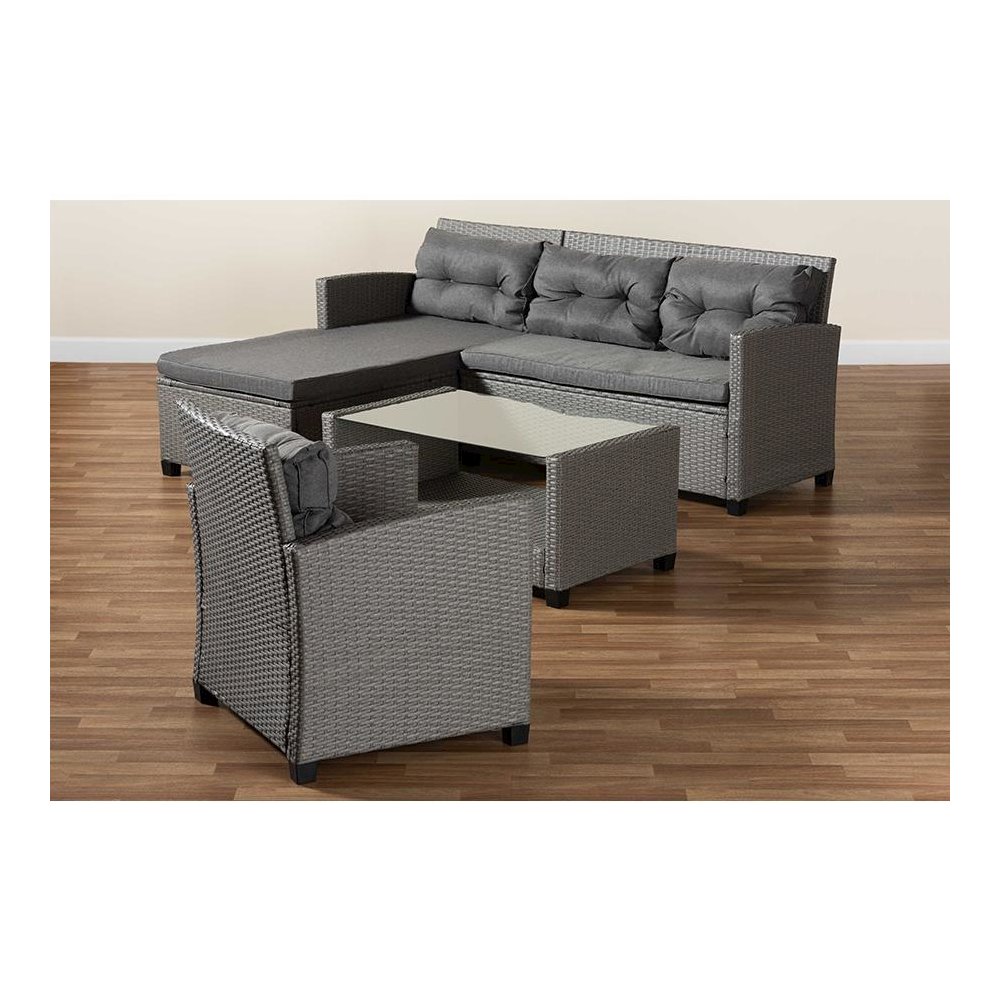 Grey Fabric Upholstered and Grey Synthetic Rattan 4-Piece Patio Set. Picture 9