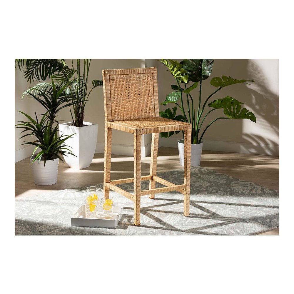 Sofia Modern and Contemporary Natural Finished Wood and Rattan Counter Stool. Picture 7