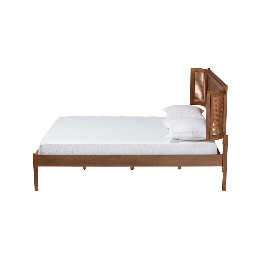 Walnut Brown Finished Wood and Natural Rattan Full Size Platform Bed. Picture 2