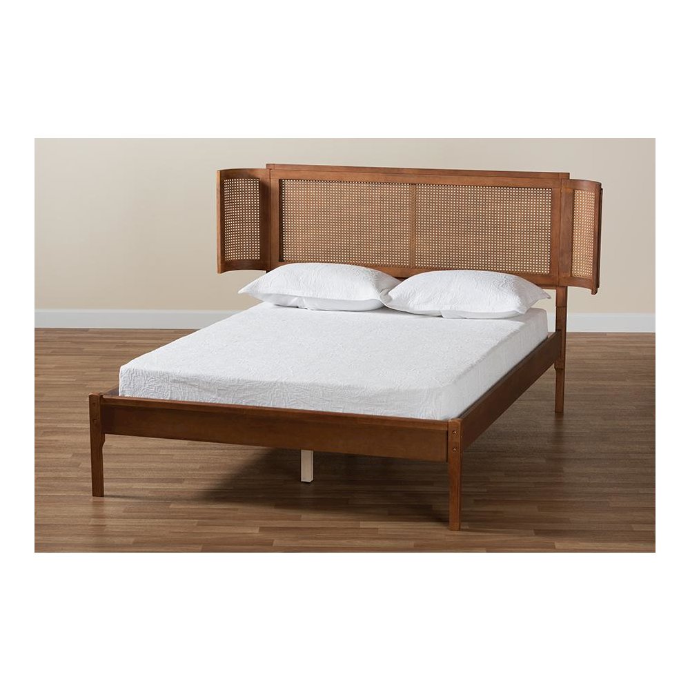 Walnut Brown Finished Wood and Natural Rattan Full Size Platform Bed. Picture 8