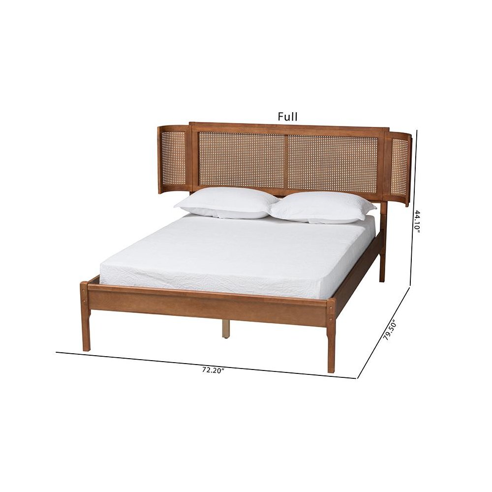 Walnut Brown Finished Wood and Natural Rattan Full Size Platform Bed. Picture 9