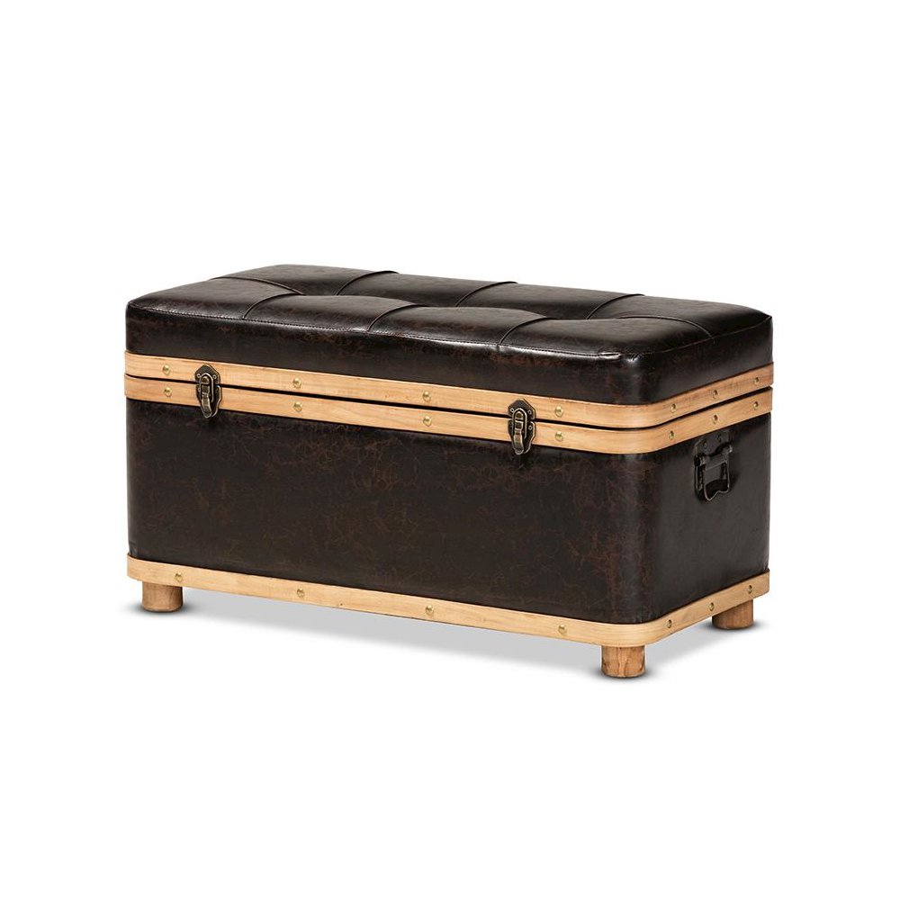 Leather Upholstered and Oak Brown Finished Wood Large Storage Ottoman. Picture 1