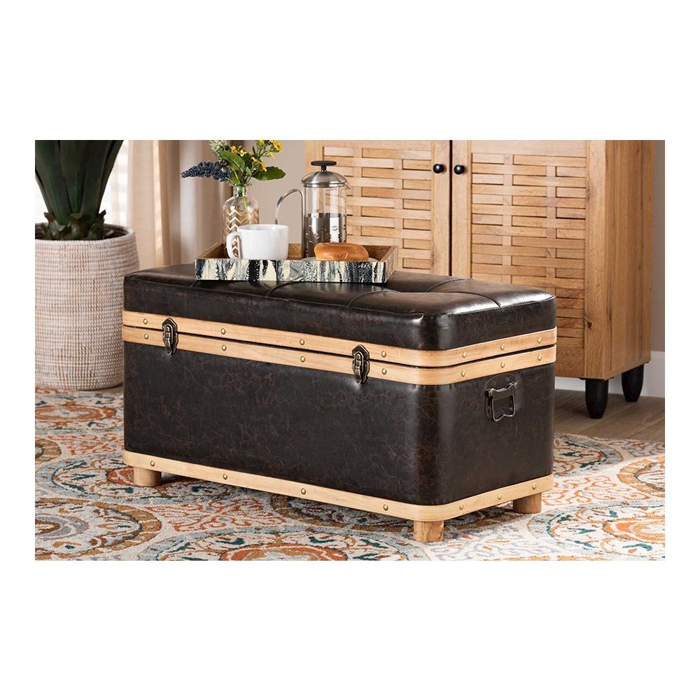 Leather Upholstered and Oak Brown Finished Wood Large Storage Ottoman. Picture 10