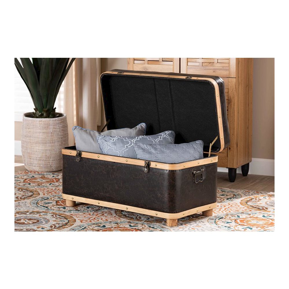 Leather Upholstered and Oak Brown Finished Wood Large Storage Ottoman. Picture 11
