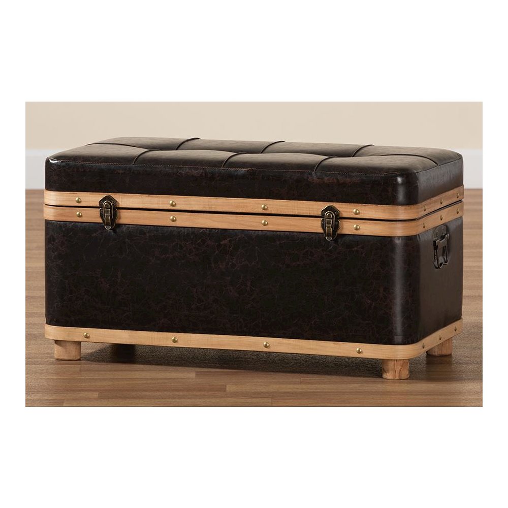 Leather Upholstered and Oak Brown Finished Wood Large Storage Ottoman. Picture 12