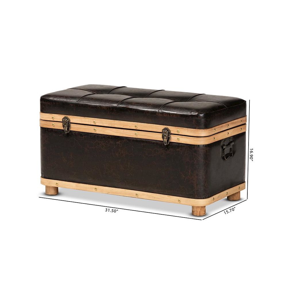 Leather Upholstered and Oak Brown Finished Wood Large Storage Ottoman. Picture 13